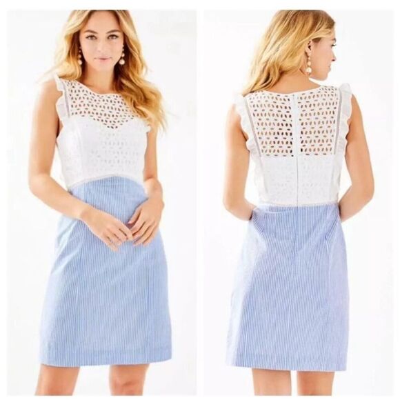 Lilly Pulitzer Dresses & Skirts - Lilly Pulitzer Maya Shift Dress in Coastal Blue Seersucker & White Eyelet Sz 0 N
